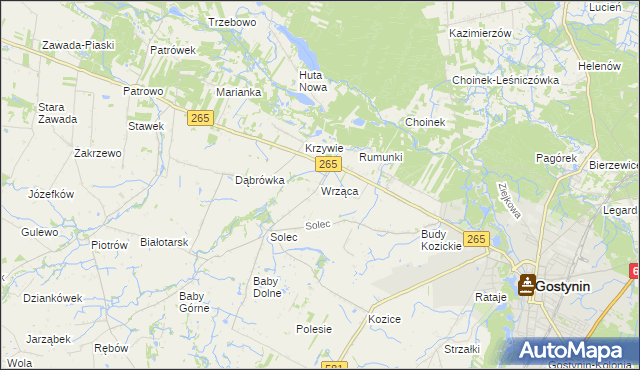 mapa Wrząca gmina Gostynin, Wrząca gmina Gostynin na mapie Targeo