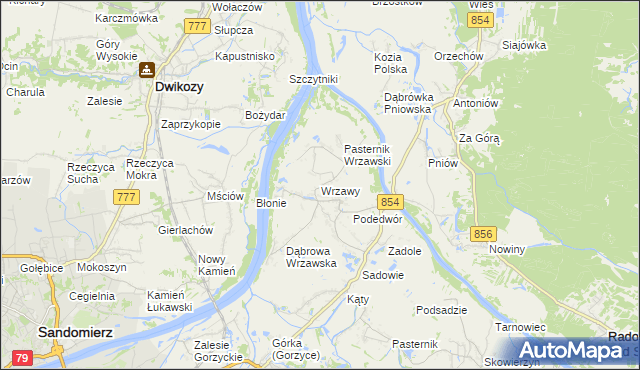 mapa Wrzawy gmina Gorzyce, Wrzawy gmina Gorzyce na mapie Targeo