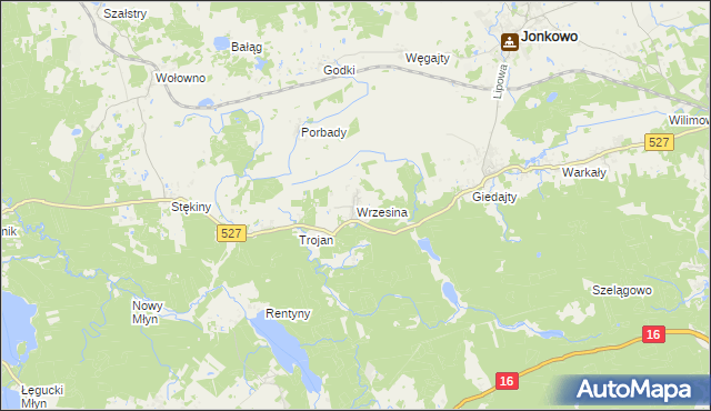 mapa Wrzesina gmina Jonkowo, Wrzesina gmina Jonkowo na mapie Targeo