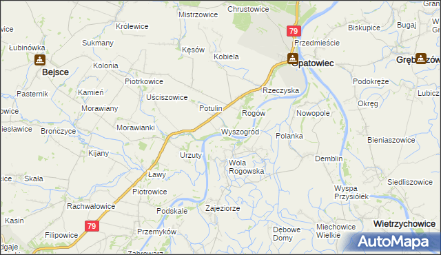 mapa Wyszogród gmina Opatowiec, Wyszogród gmina Opatowiec na mapie Targeo