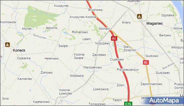 mapa Zakrzewo gmina Waganiec, Zakrzewo gmina Waganiec na mapie Targeo