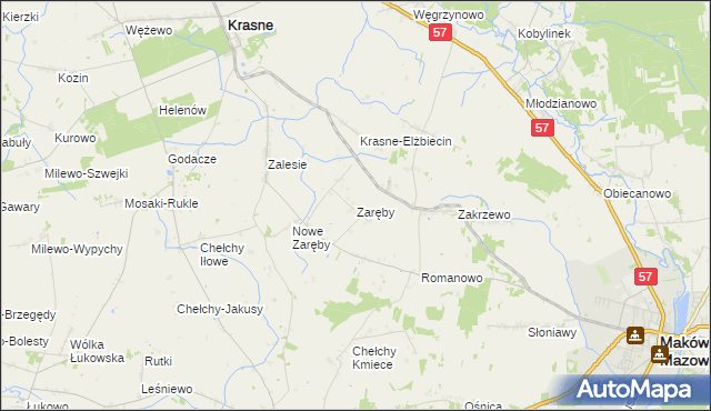 mapa Zaręby gmina Karniewo, Zaręby gmina Karniewo na mapie Targeo