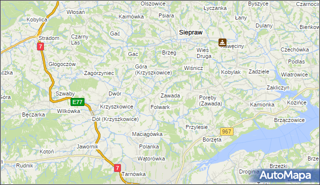 mapa Zawada gmina Myślenice, Zawada gmina Myślenice na mapie Targeo