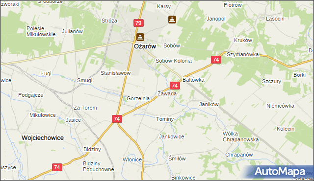 mapa Zawada gmina Ożarów, Zawada gmina Ożarów na mapie Targeo