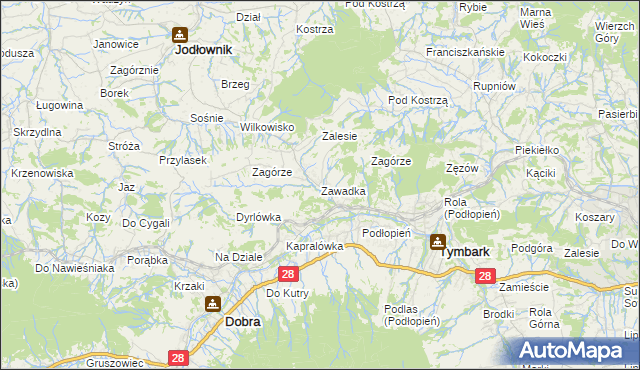mapa Zawadka gmina Tymbark, Zawadka gmina Tymbark na mapie Targeo