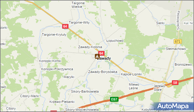 mapa Zawady powiat białostocki, Zawady powiat białostocki na mapie Targeo