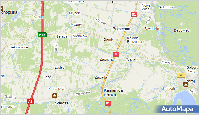 mapa Zawisna gmina Kamienica Polska, Zawisna gmina Kamienica Polska na mapie Targeo
