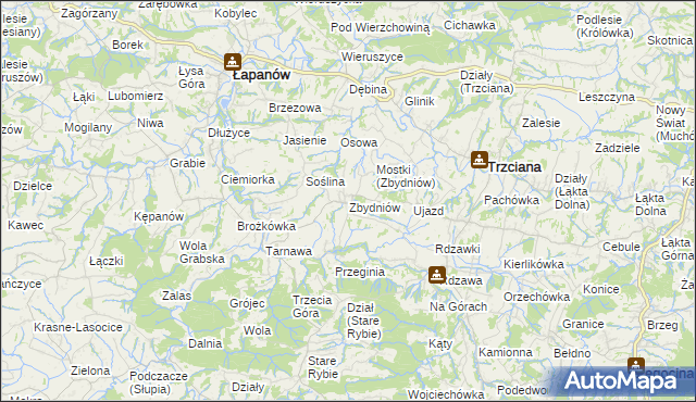 mapa Zbydniów gmina Łapanów, Zbydniów gmina Łapanów na mapie Targeo