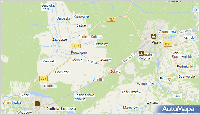 mapa Żdżary gmina Pionki, Żdżary gmina Pionki na mapie Targeo