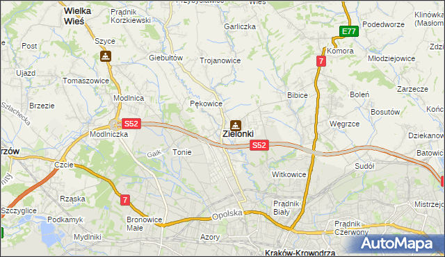 mapa Zielonki powiat krakowski, Zielonki powiat krakowski na mapie Targeo