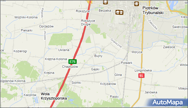 mapa Bujny gmina Wola Krzysztoporska, Bujny gmina Wola Krzysztoporska na mapie Targeo