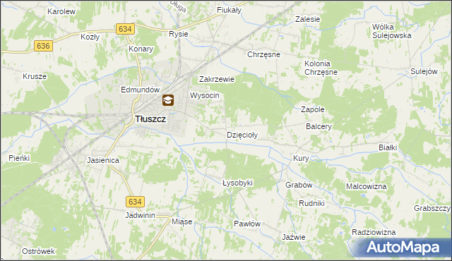 mapa Dzięcioły gmina Tłuszcz, Dzięcioły gmina Tłuszcz na mapie Targeo