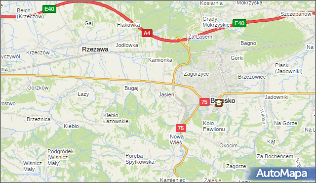 mapa Jasień gmina Brzesko, Jasień gmina Brzesko na mapie Targeo