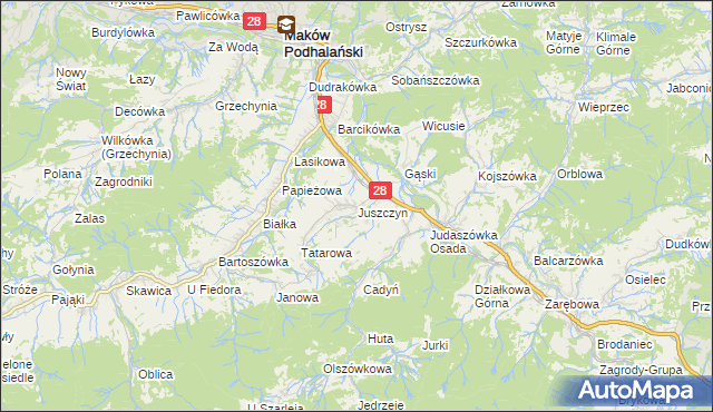 mapa Juszczyn gmina Maków Podhalański, Juszczyn gmina Maków Podhalański na mapie Targeo