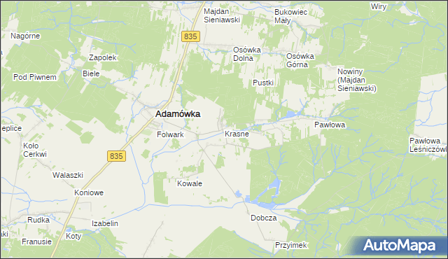 mapa Krasne gmina Adamówka, Krasne gmina Adamówka na mapie Targeo