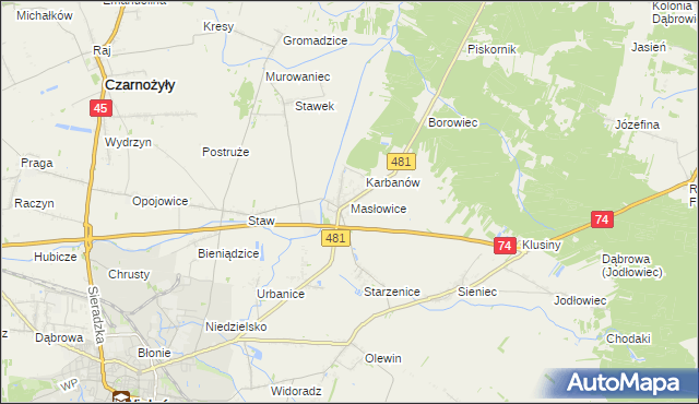 mapa Masłowice gmina Wieluń, Masłowice gmina Wieluń na mapie Targeo