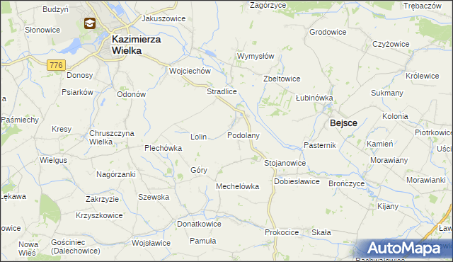 mapa Podolany gmina Kazimierza Wielka, Podolany gmina Kazimierza Wielka na mapie Targeo