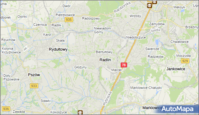 mapa Radlin powiat wodzisławski, Radlin powiat wodzisławski na mapie Targeo
