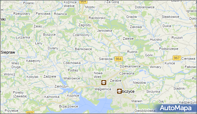 mapa Sieraków gmina Dobczyce, Sieraków gmina Dobczyce na mapie Targeo