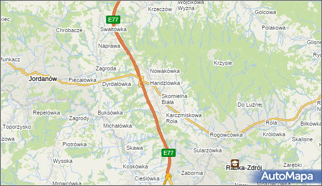 mapa Skomielna Biała, Skomielna Biała na mapie Targeo