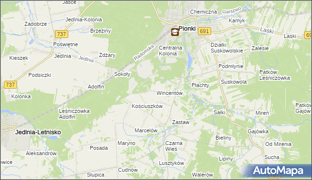 mapa Wincentów gmina Pionki, Wincentów gmina Pionki na mapie Targeo