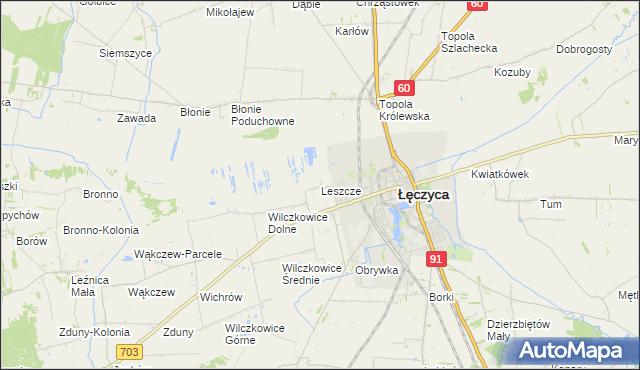 mapa Leszcze gmina Łęczyca, Leszcze gmina Łęczyca na mapie Targeo