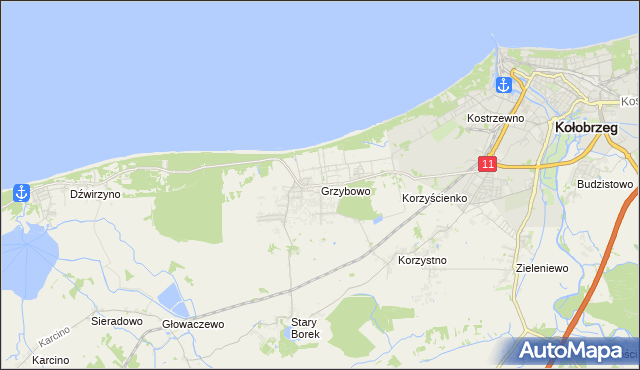 mapa Grzybowo gmina Kołobrzeg, Grzybowo gmina Kołobrzeg na mapie Targeo