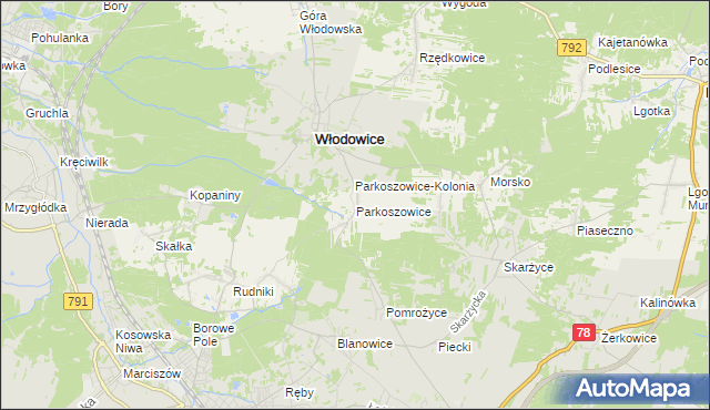 mapa Parkoszowice gmina Włodowice, Parkoszowice gmina Włodowice na mapie Targeo