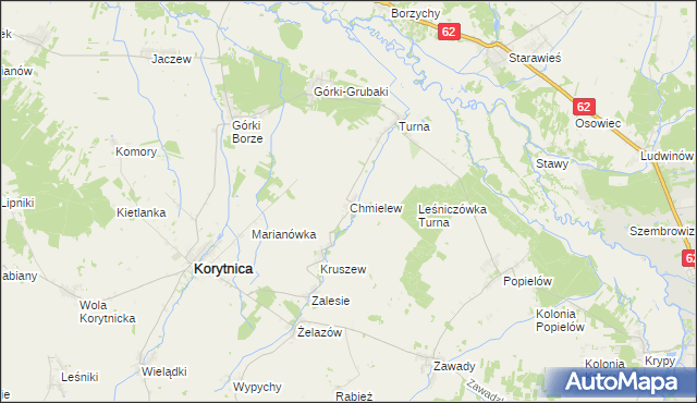 mapa Chmielew gmina Korytnica, Chmielew gmina Korytnica na mapie Targeo