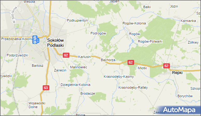 mapa Bachorza gmina Sokołów Podlaski, Bachorza gmina Sokołów Podlaski na mapie Targeo