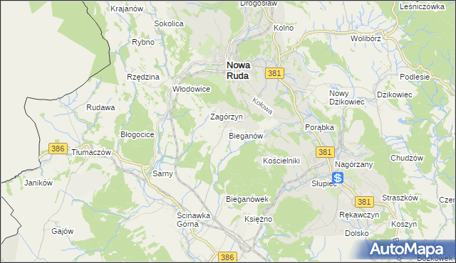 mapa Bieganów gmina Nowa Ruda, Bieganów gmina Nowa Ruda na mapie Targeo