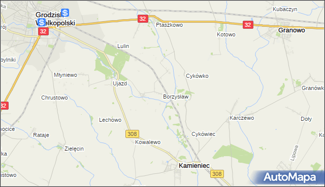 mapa Borzysław gmina Grodzisk Wielkopolski, Borzysław gmina Grodzisk Wielkopolski na mapie Targeo