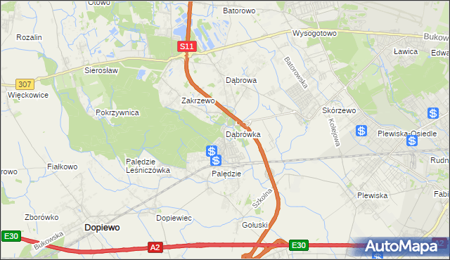 mapa Dąbrówka gmina Dopiewo, Dąbrówka gmina Dopiewo na mapie Targeo