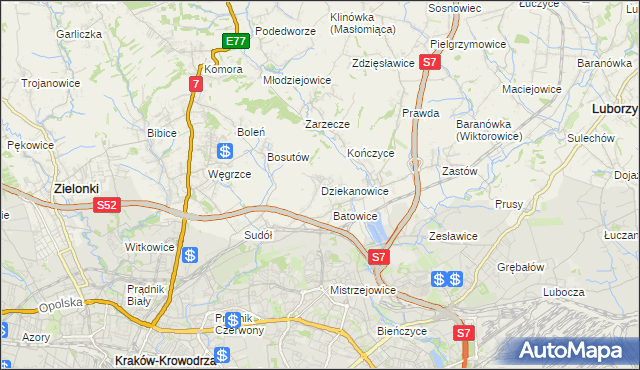 mapa Dziekanowice gmina Zielonki, Dziekanowice gmina Zielonki na mapie Targeo