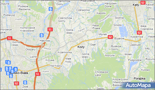 mapa Kozy powiat bielski, Kozy powiat bielski na mapie Targeo