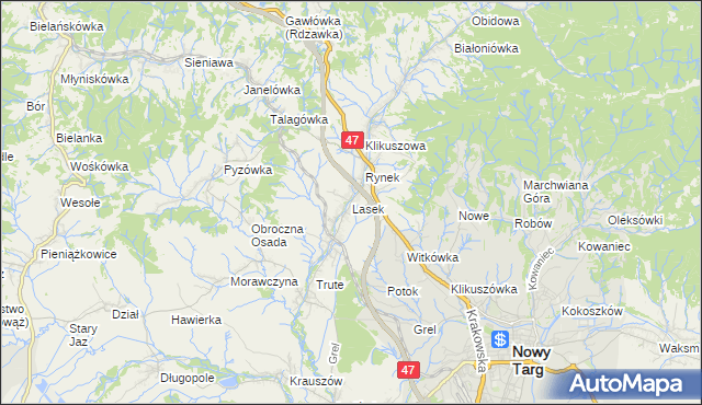 mapa Lasek gmina Nowy Targ, Lasek gmina Nowy Targ na mapie Targeo