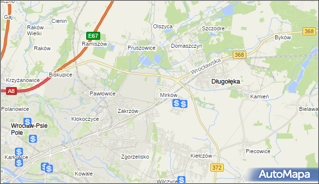 mapa Mirków gmina Długołęka, Mirków gmina Długołęka na mapie Targeo