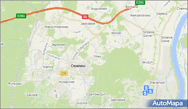 mapa Niwy gmina Osielsko, Niwy gmina Osielsko na mapie Targeo