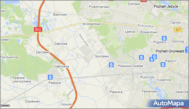 mapa Skórzewo gmina Dopiewo, Skórzewo gmina Dopiewo na mapie Targeo