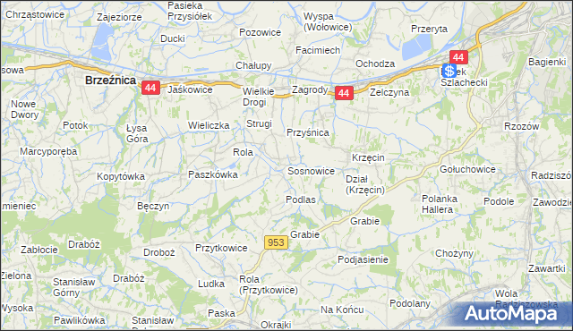 mapa Sosnowice gmina Brzeźnica, Sosnowice gmina Brzeźnica na mapie Targeo