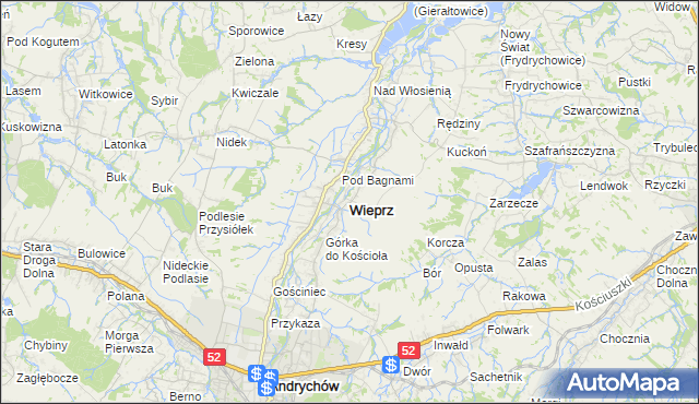 mapa Wieprz powiat wadowicki, Wieprz powiat wadowicki na mapie Targeo
