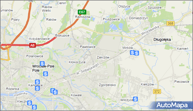 mapa Zakrzów gmina Wrocław, Zakrzów gmina Wrocław na mapie Targeo