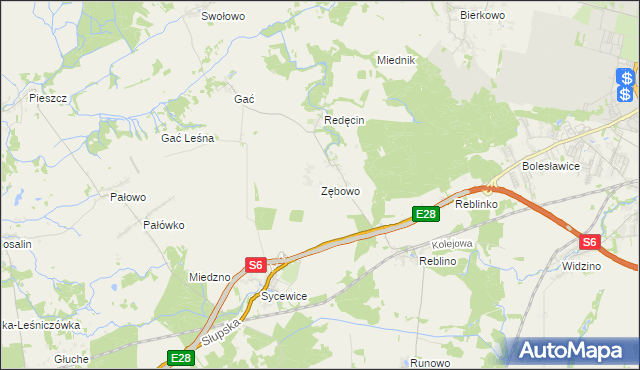 mapa Zębowo gmina Kobylnica, Zębowo gmina Kobylnica na mapie Targeo