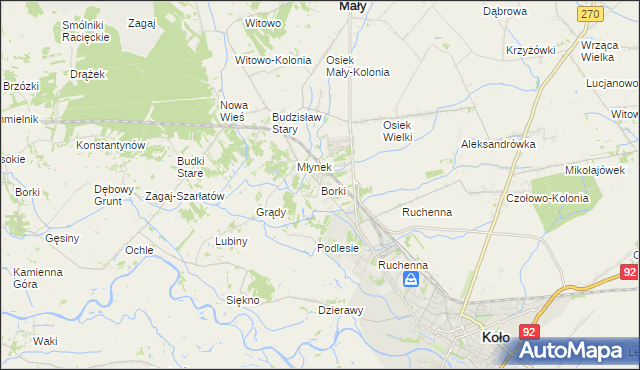 mapa Borki gmina Koło, Borki gmina Koło na mapie Targeo