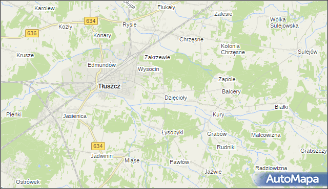 mapa Dzięcioły gmina Tłuszcz, Dzięcioły gmina Tłuszcz na mapie Targeo