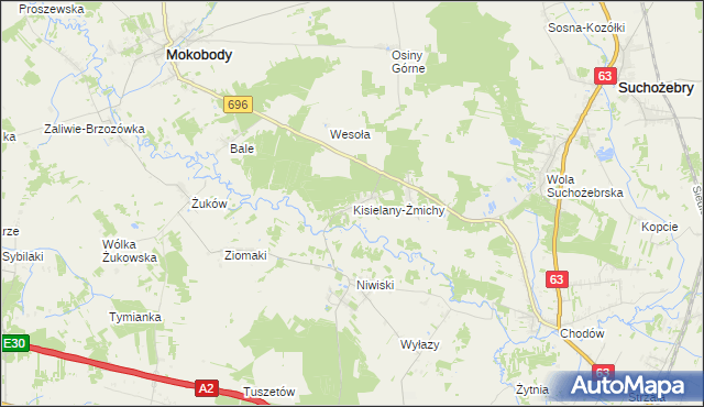 mapa Kisielany-Żmichy, Kisielany-Żmichy na mapie Targeo