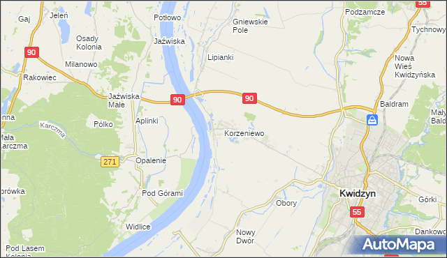 mapa Korzeniewo gmina Kwidzyn, Korzeniewo gmina Kwidzyn na mapie Targeo