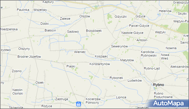 mapa Koszajec gmina Rybno, Koszajec gmina Rybno na mapie Targeo