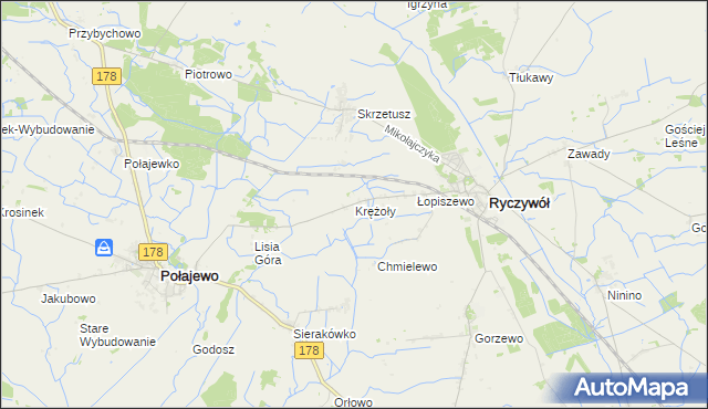 mapa Krężoły gmina Ryczywół, Krężoły gmina Ryczywół na mapie Targeo