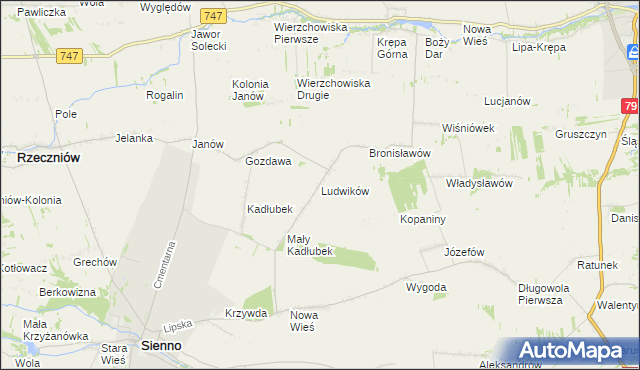 mapa Ludwików gmina Sienno, Ludwików gmina Sienno na mapie Targeo